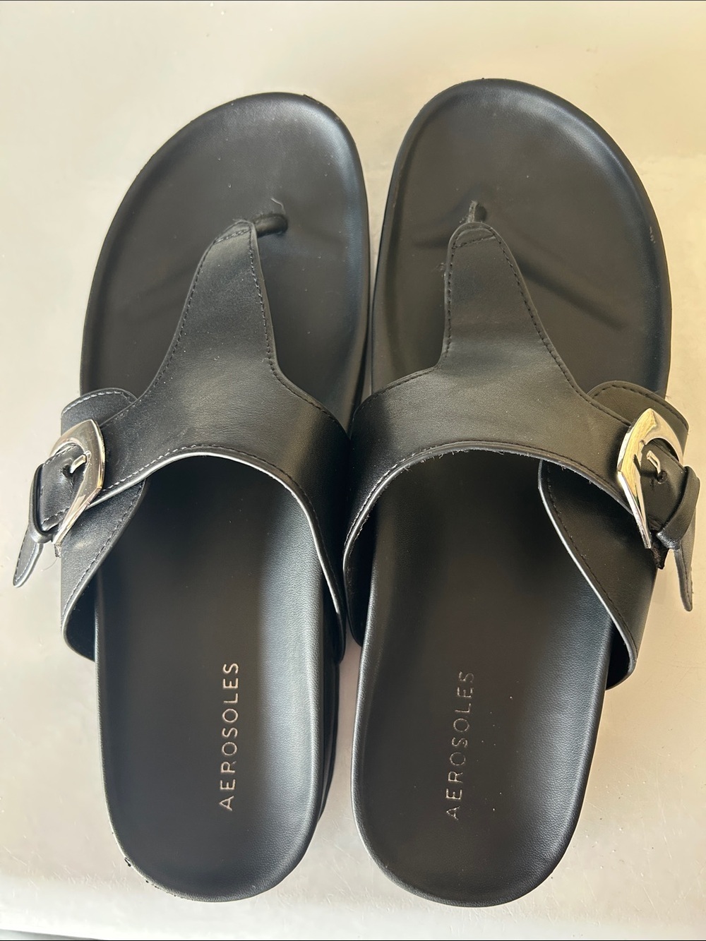 AEROSOLES Black Buckle Thong Slide Sandals